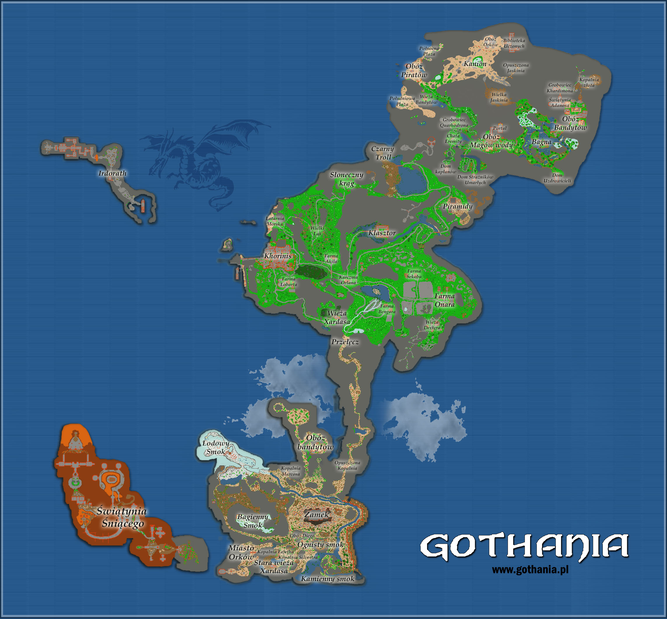 Pełna mapa świata Gothanii przedstawiająca Khorinis, Górniczą Dolinę, Jarkendar i Irdorath